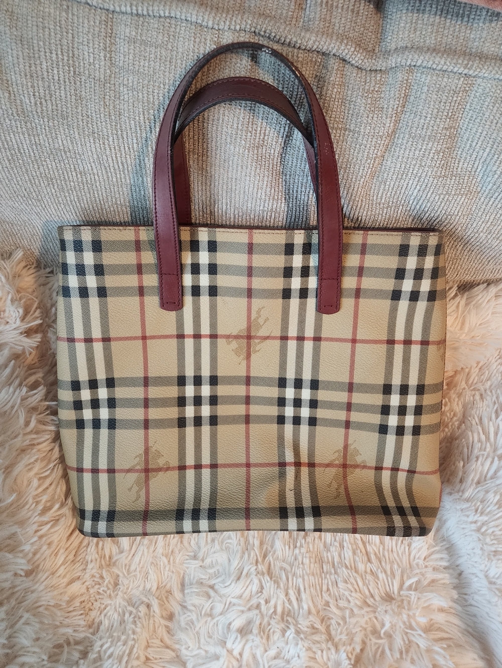 Burberry Beige Check Tote with Burgundy Handles